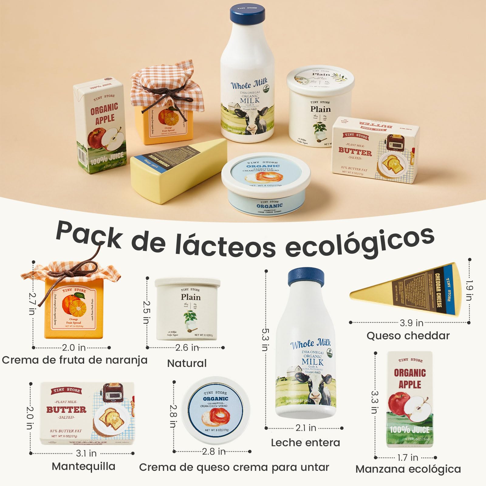 Tiny Land Comida de Juguete de Madera - Set de 7 Alimentos con Leche, Yogur y Queso, Accesorios Cocinita de Madera Montessori, Juego Simbólico para Tienda y Supermercado, Regalo Niños 2+ Años