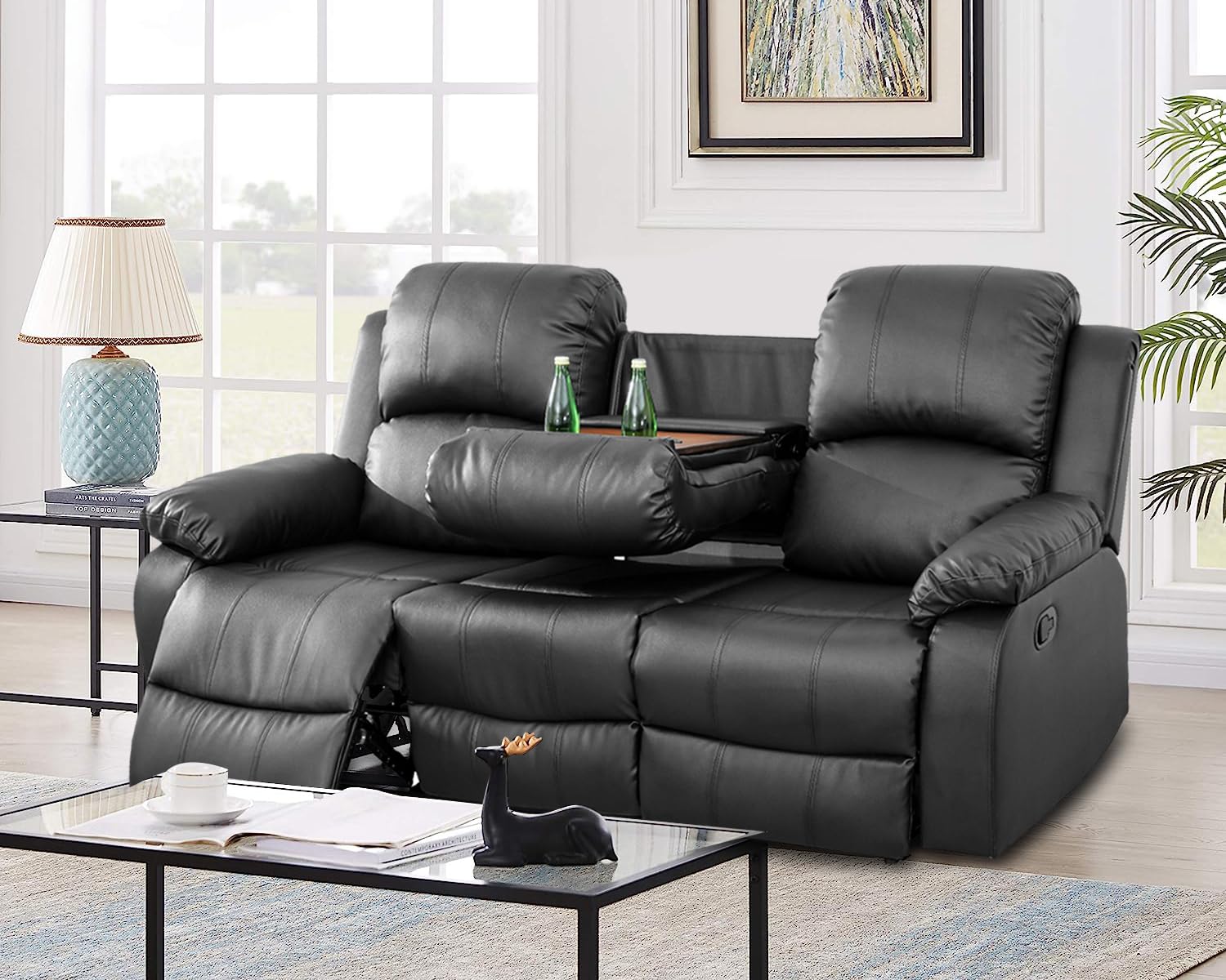 Amazon.com: Ocstta Manual Leather Sofa for Living Room Furniture Set ...