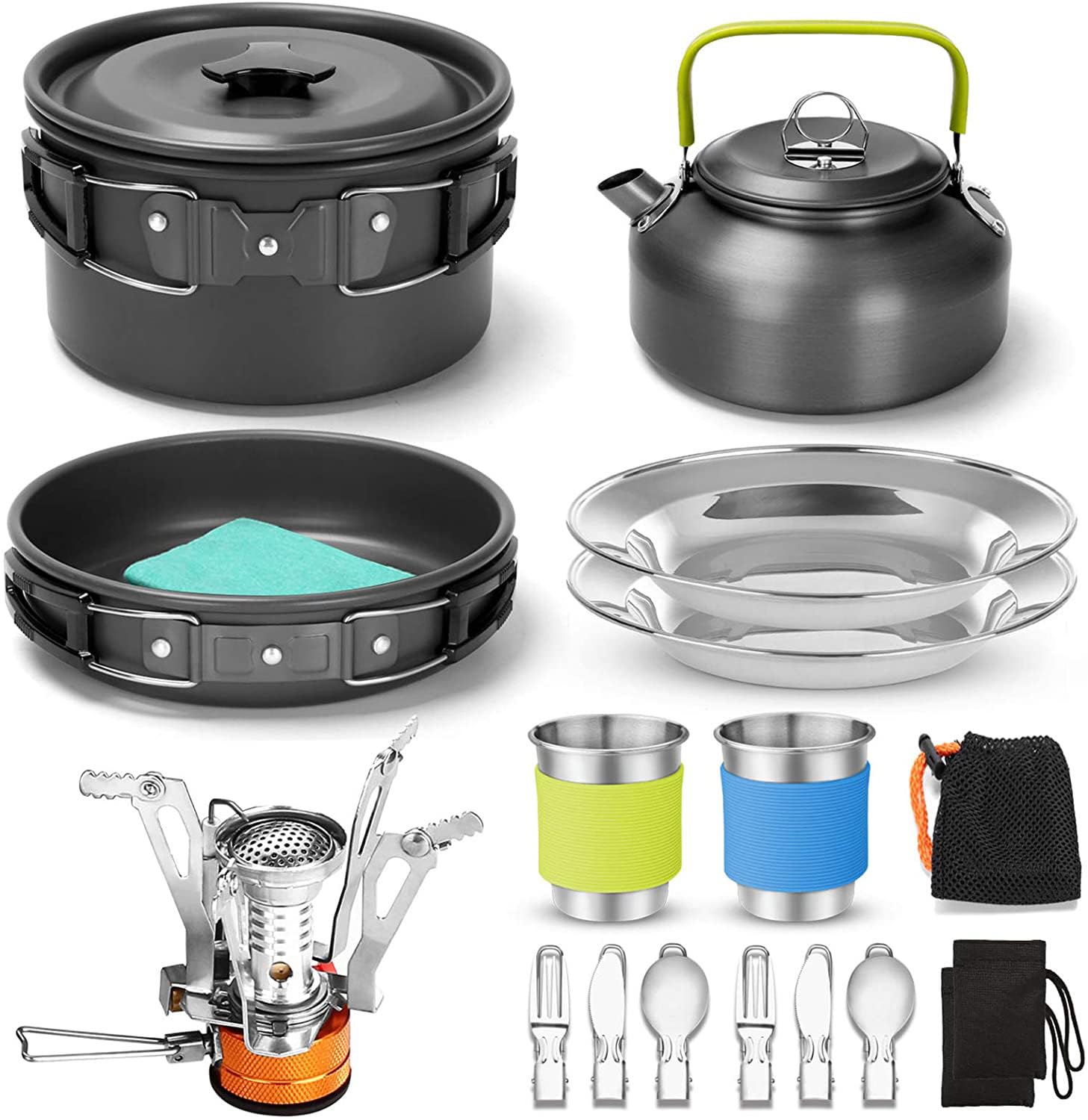 Set di pentole da campeggio in alluminio anodizzato duro per 2-3 persone, fornello ultraleggero con pentola, teiera e stoviglie in acciaio inossidabile, kit compatto da cucina all'aperto per campeggio