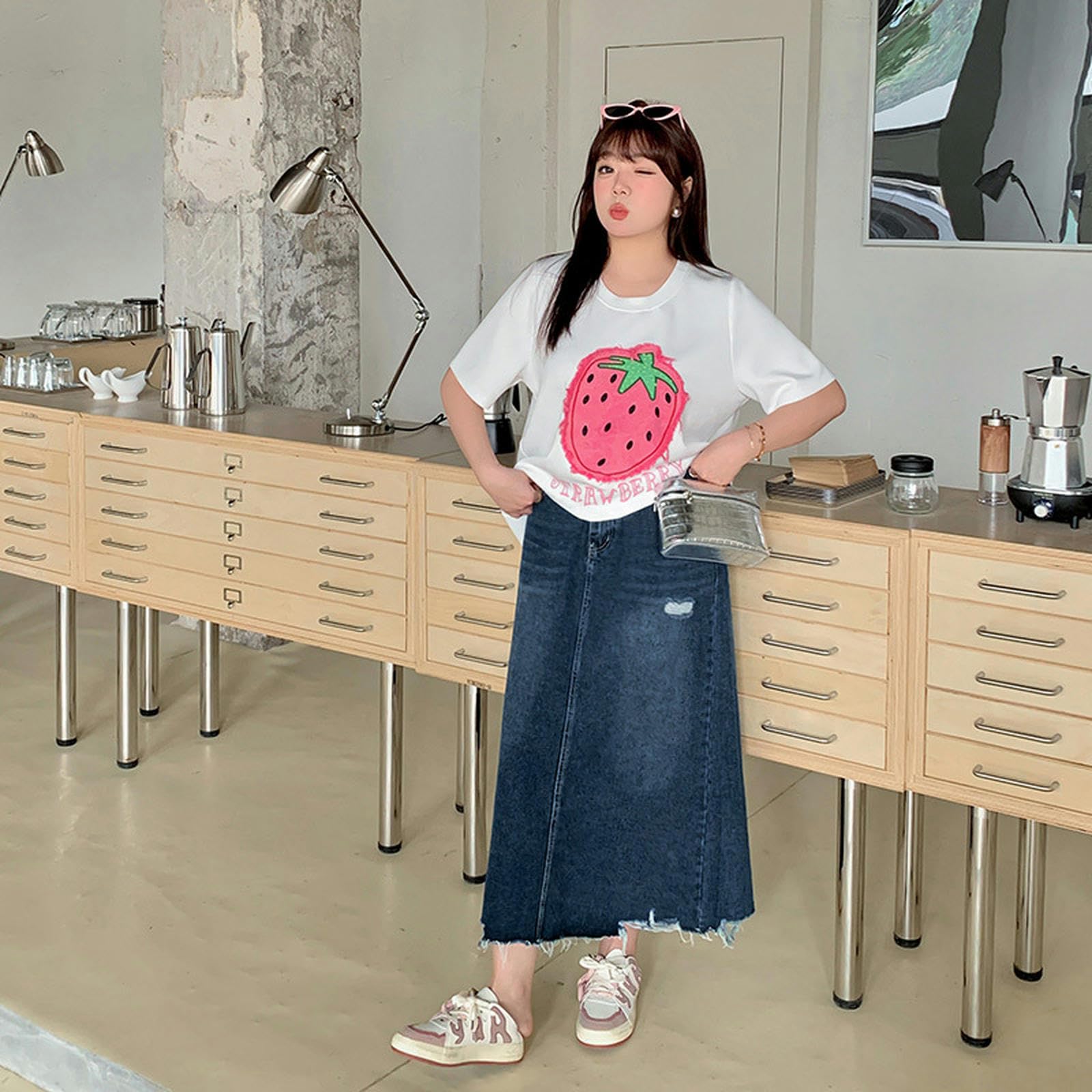Ropa de Mujer de Talla Grande de Primavera Falda Vaquera Rasgada para niñas gordas - Azul - 2XL