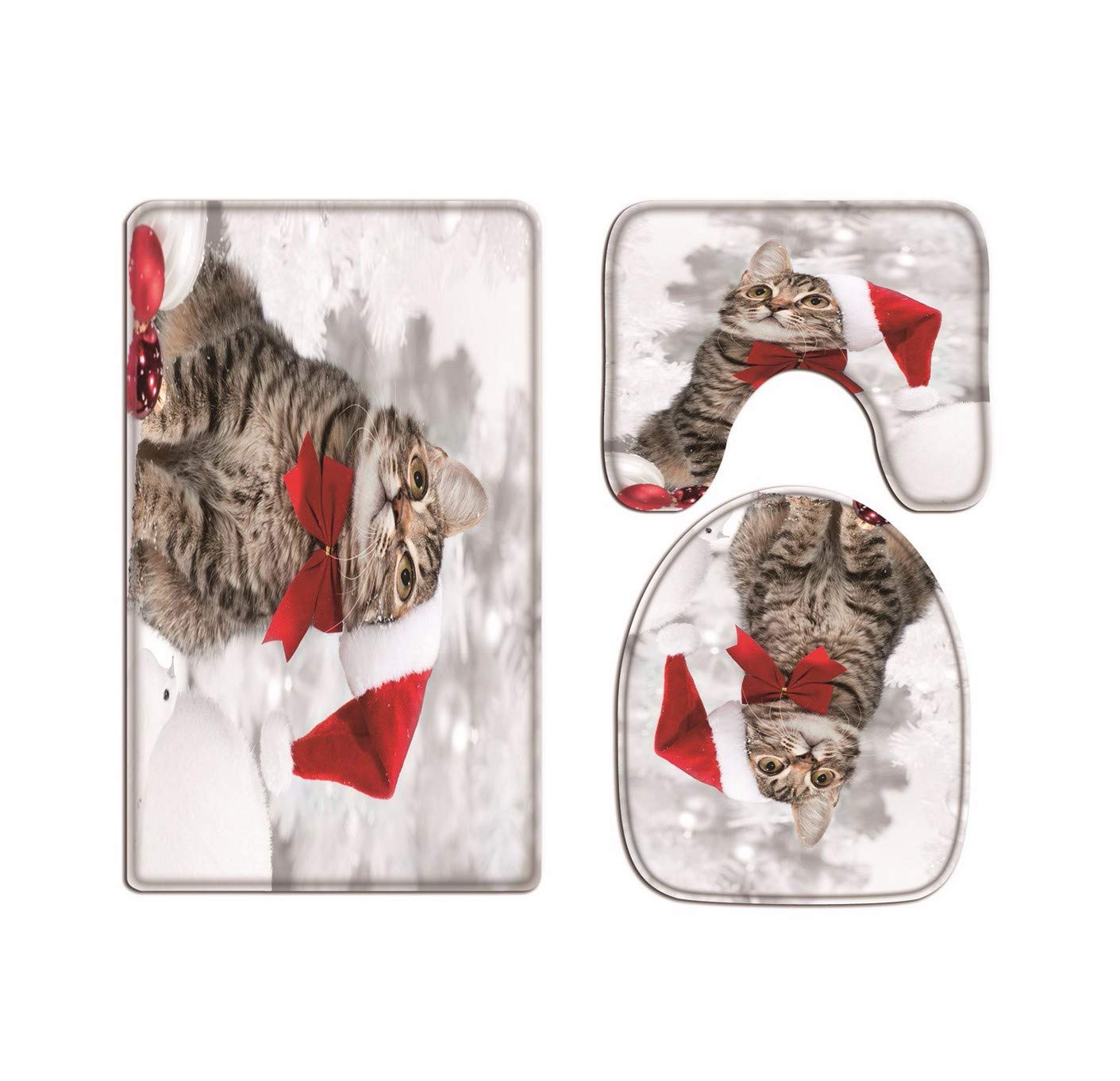 A.Monamour Cute Cat In Red Santa'S Hat Animal Theme Christmas Holiday Decors Soft Flannel Cloth Washable Bath Mat Rug Set Toilet Seat Covers Toilet Lid Covers Cushions Toilet Accessories