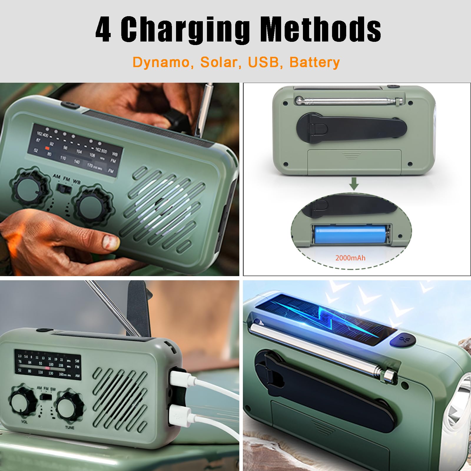 Linterna Solar Recargable con Radio, FM/Am Radio de Emergencia Portátil, Radio Solar de Emergencia con Manivela con LED 2000mAh Powerbank SOS Alarma USB para Camping al Aire Libre Kit Supervivencia