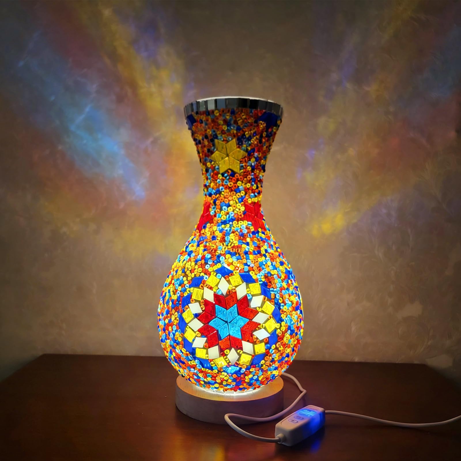 Turkish Mosaic Glass Vase Lamp Romantic Flirtatious Ambiance Night Light for Bedside Glowing Flower Decoration Premium Handmade Gift for Valentine’s Day Anniversaries