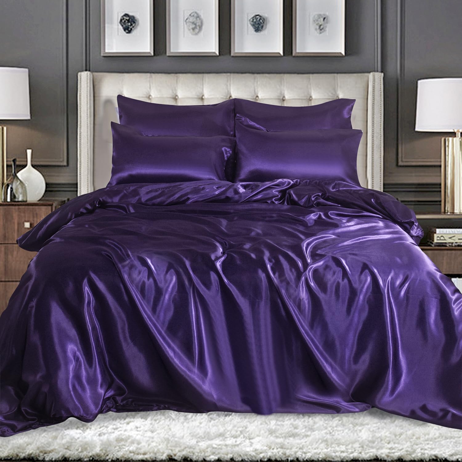 WEAVERS: Luxurious 6-Piece Silky Satin Bedding Set, Smooth & Glossy Finish, Includes Reversible Zipped Duvet Cover, 1 Fitted Sheet, and 4 Pillowcases. (Colour Aubergine Size King)