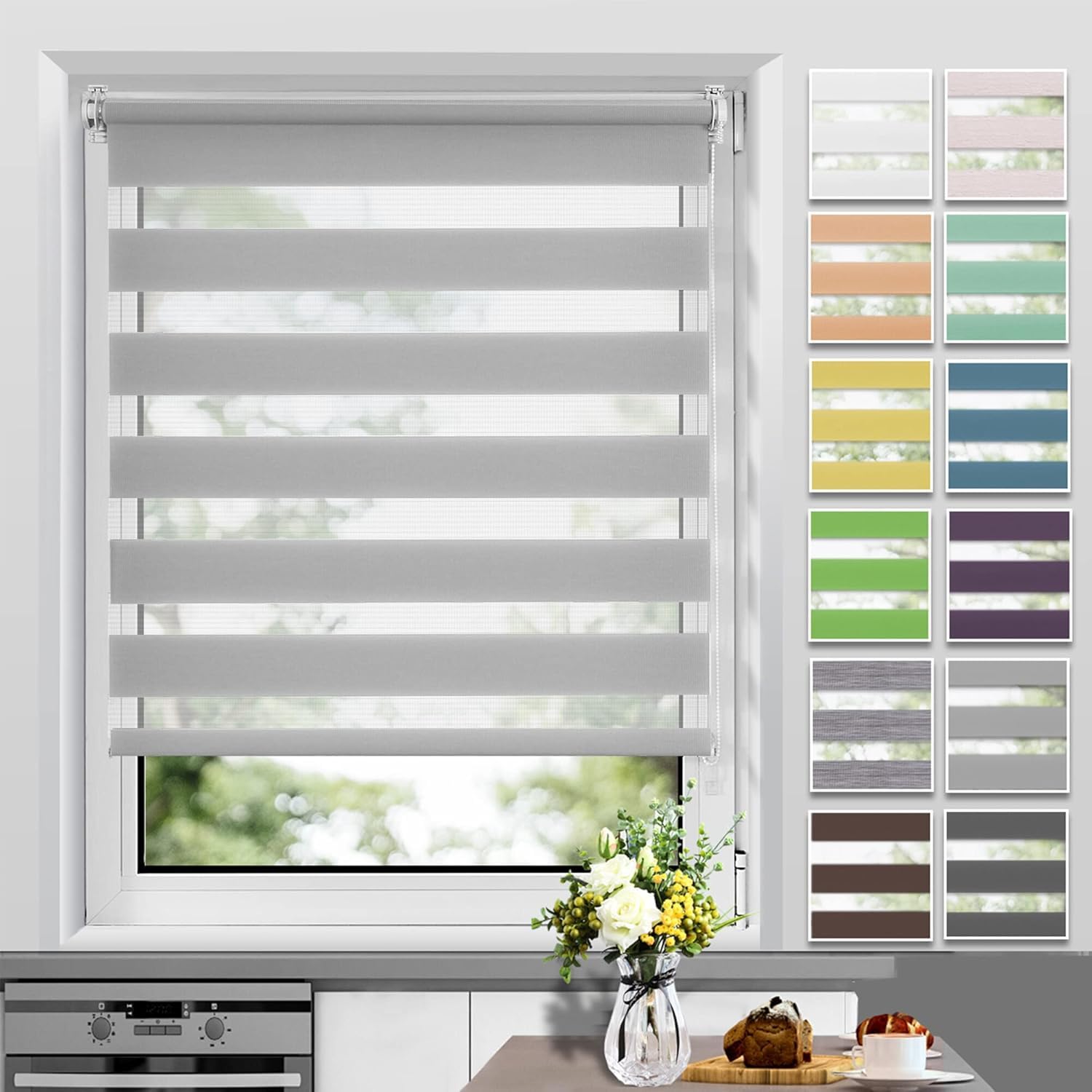 Allesin Doppelrollo Klemmfix ohne Bohren & mit Bohren, Duo Rollos für Fenster und Tür, Klemmrollo Fensterrollo lichtdurchlässig Sichtschutz, B75 x H120cm (Stoffbreite 75cm) Grau