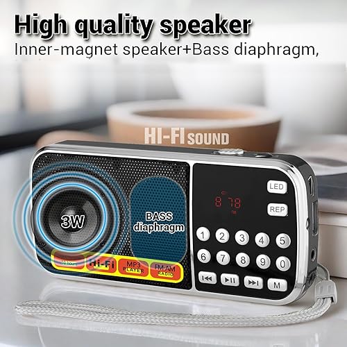 Miniatura 5 de Radios pequeñas portátiles AM FM, radio con batería de gran capacidad recargable, tarjeta TF tarjeta micro SD ranura USB reproducción de MP3,