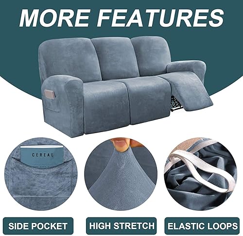 Miniatura 5 de Funda para sofá reclinable de 8 piezas, terciopelo elástico para sofá reclinable de 3 plazas, funda suave y gruesa para sofá reclinable, protector