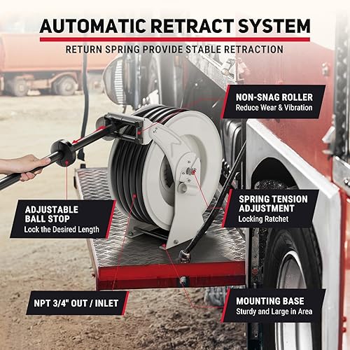 Miniatura 4 de Carrete de manguera de combustible retráctil con boquilla de combustible, manguera diésel de 34 pulgadas x 66 pies, 300 PSI, carrete de soporte