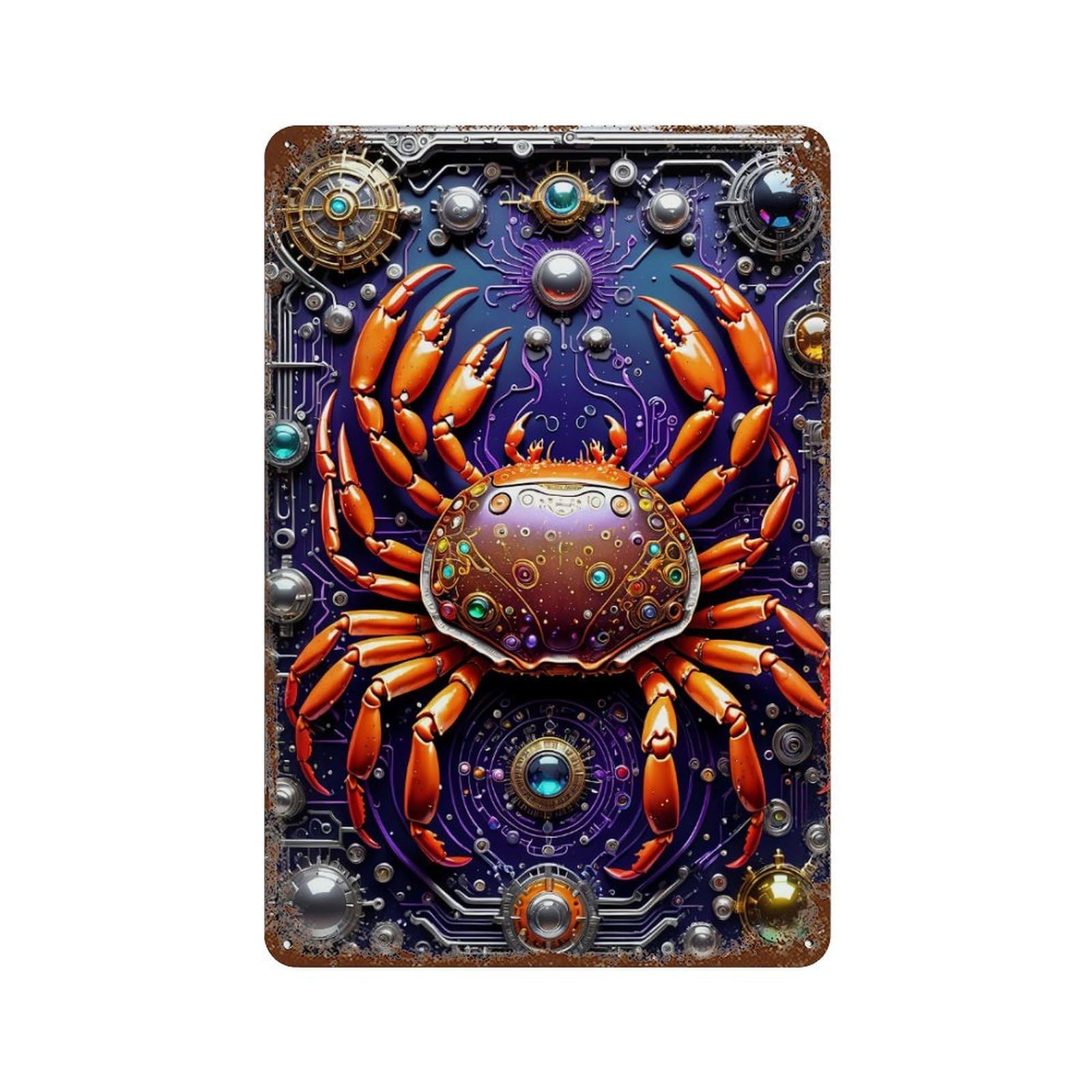 Cybernetic Crab Art Deco Weathered Tin Sign 11.8"x7.9", Industrial Home Decor for Basement, Hobby Room And Garage Decor