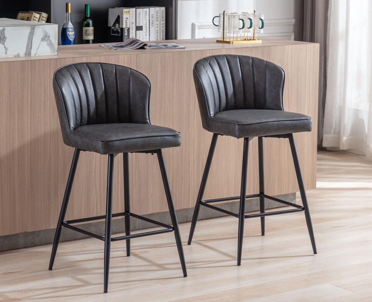 CIMOTA Grey Leather Bar Stools Set of 2 Modern Counter