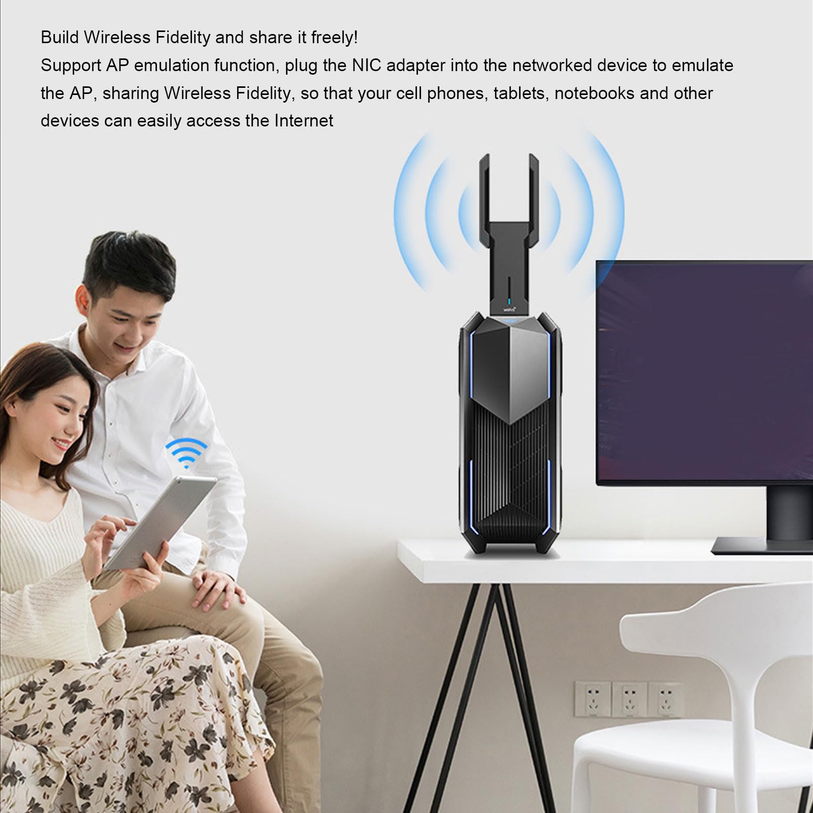 Adaptador de Tarjeta de Red inalámbrica USB Tri Band 5374Mbps WiFi 6 Tarjeta de Red para Juegos Antenas giratorias duales de Alta Velocidad y Baja latencia para transmisión