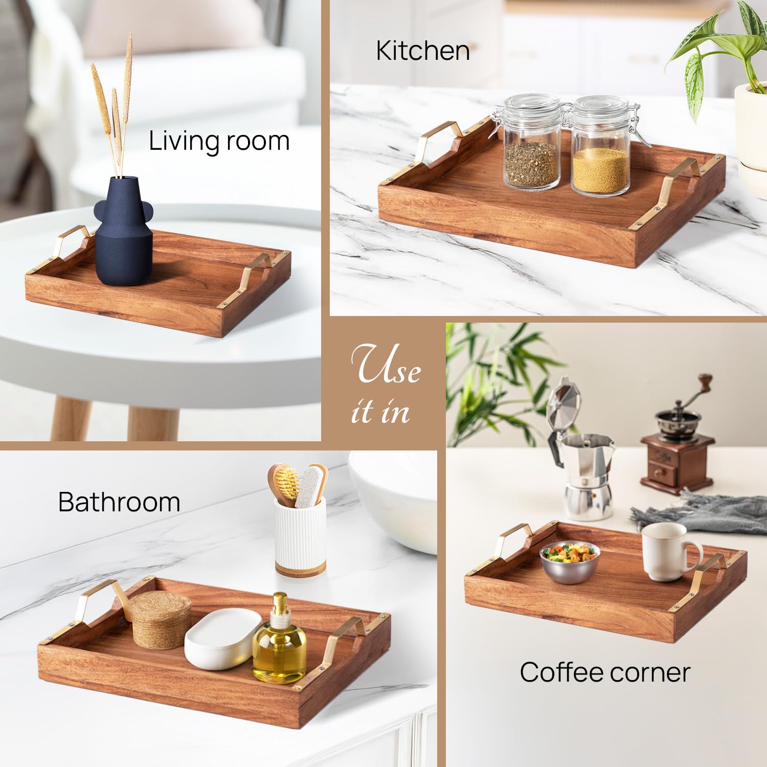 Nestroots Tray for Serving Wooden Tray for Serving Set of 2 Tea Trays for Serving Platter | Server for Dining Table Gold Handle | Brown, 15 x 12 inches - Image 4 thumbnail