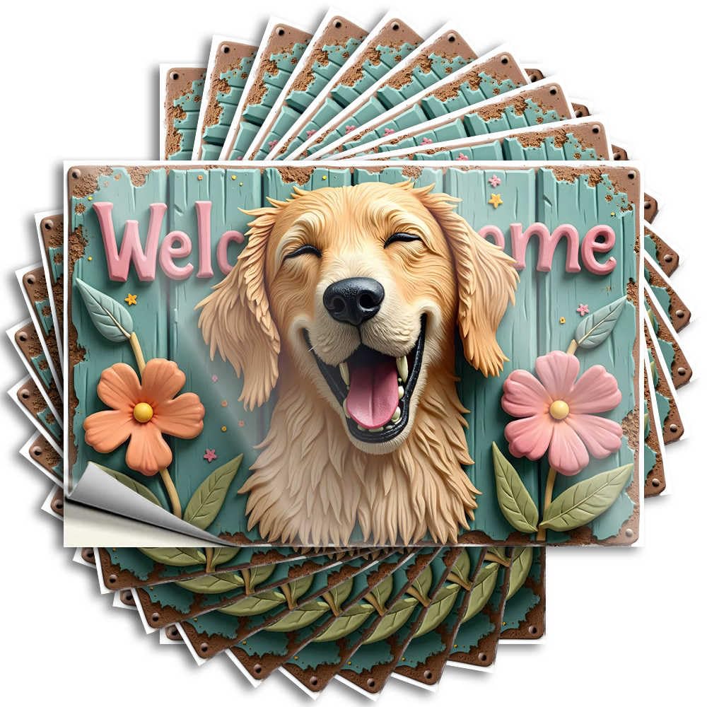 Men Stuff Motivational Tattoo - Welcome Sign with Happy Golden Retriever and Flowers Removable Decal Bottle Easy Peel for Western(8X12CM)
