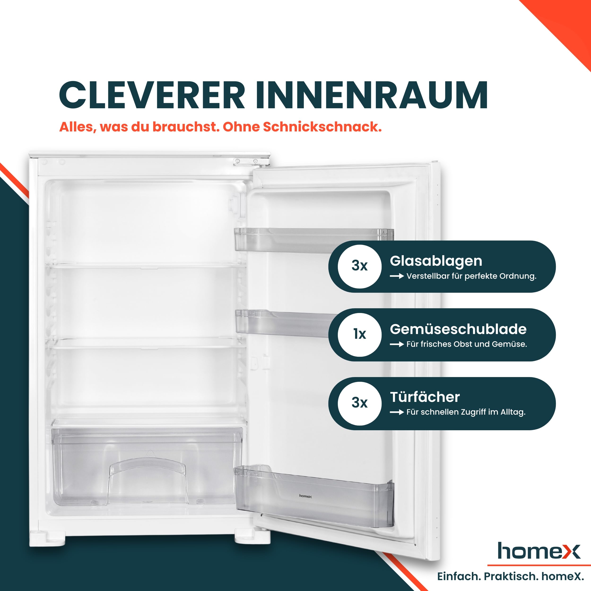 homeX Einbaukühlschrank 88cm Nische 129 Liter Schlepptürtechnik LED-Beleuchtung leise 37 dB CB1291E