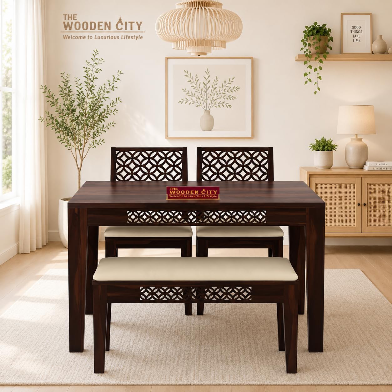 THE WOODEN CITY®️ Sheesham Wood 4 Seater Dining Set | Includes 2 Chairs & 1 Bench | Solid Wood Dining Table Set for Dining Room(Walnut, 4 Seater)