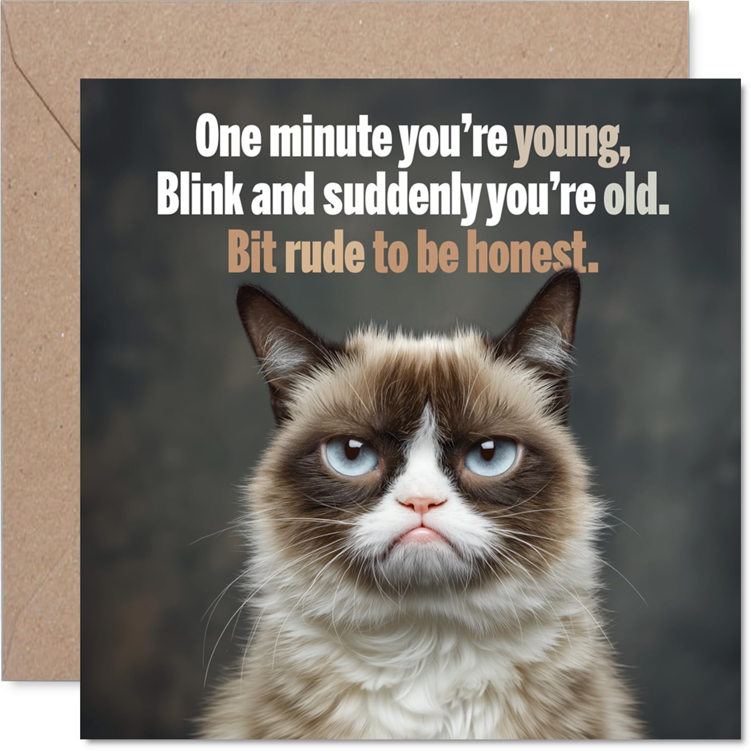 Cheeky Birthday Card - Blink and You'll Miss Your Youth - Witty Cat Illustration with a Tongue-in-cheek Message - 145mm Square, Envelope Included