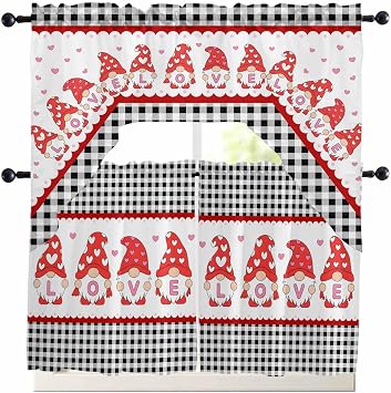 BEMIGO Valentines Cute Gnomes Couple Kitchen Curtains Window Curtains and Valance Set, Buffalo Plaid Rod Pocket Valance for Kitchen Bathroom Bedroom Window 56" x 36" Valance, 27" x 24" Tier
