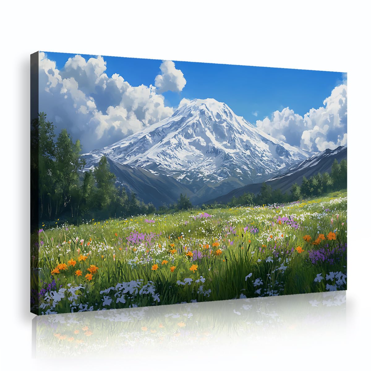 Via Vela Snowy Mountain Wall Art Canvas Framed Wildflower Meadow Painting White Clouds Valley Poster Scenic Nature Picture for Living Room Bedroom Dining Room Decor 70x110cm