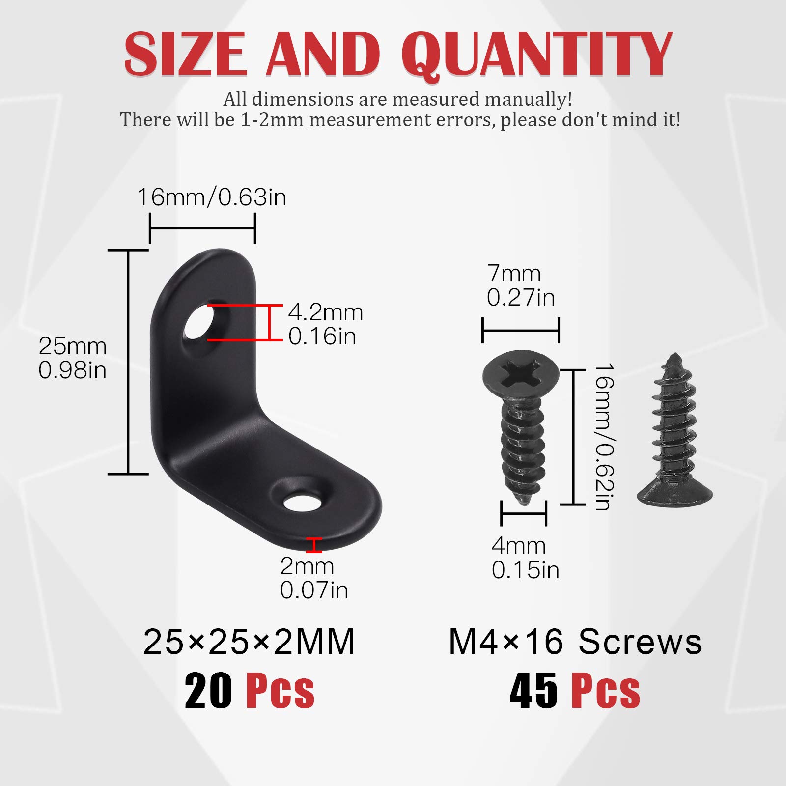 Hilitchi Stainless Steel Black L Bracket Corner Brace 90 Degree Right Angle Brackets Sets with Screws Corner Fastener for Shelves Steel Joints Support (25mm - Image 2
