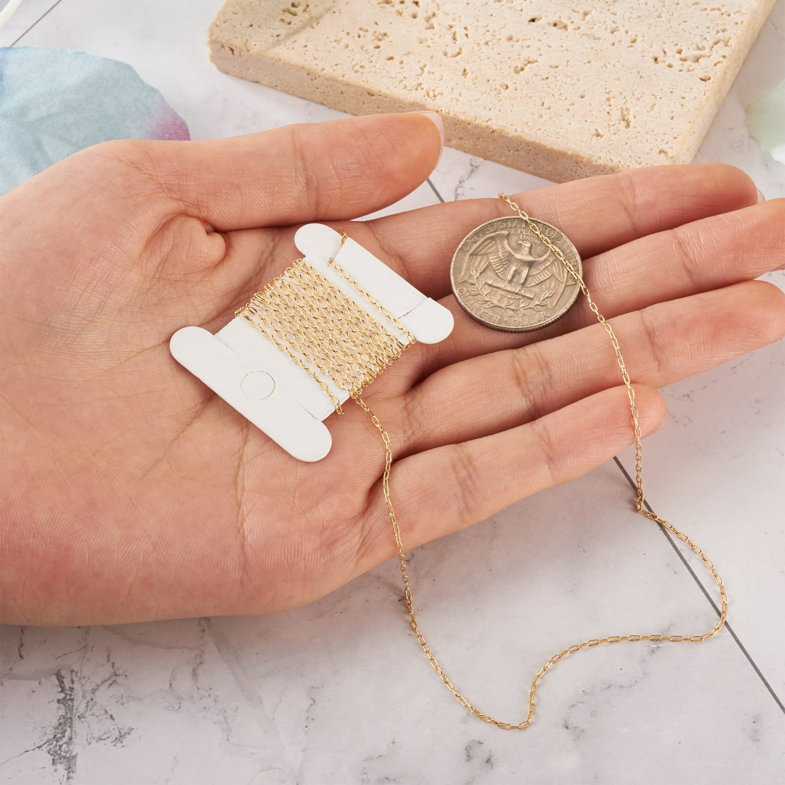 Craftdady Catene riempite in oro da 14 K, catena permanente per gioielli in ottone, catena a clip da 2,5 x 1 mm, con sacchetti di velluto, per gioielli e collane e braccialetti