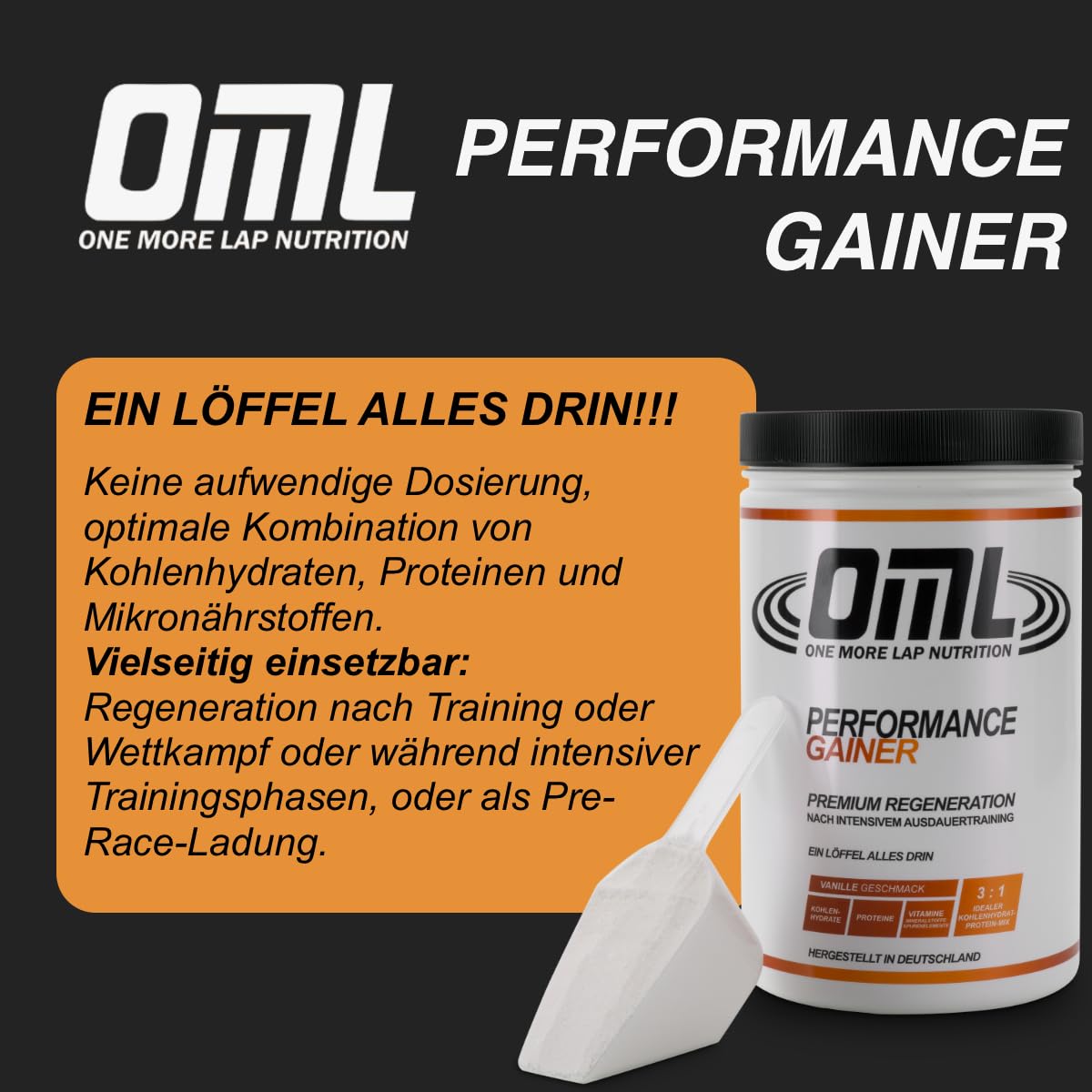 OML Performance Gainer - Premium Recovery Shake speziell für Triathleten I 60 g Kohlenhydrate + 20 g Protein I 3:1 Verhältnis I 21 Mikronährstoffe I 880g / 10 Portionen I Made in Germany I dopingfrei