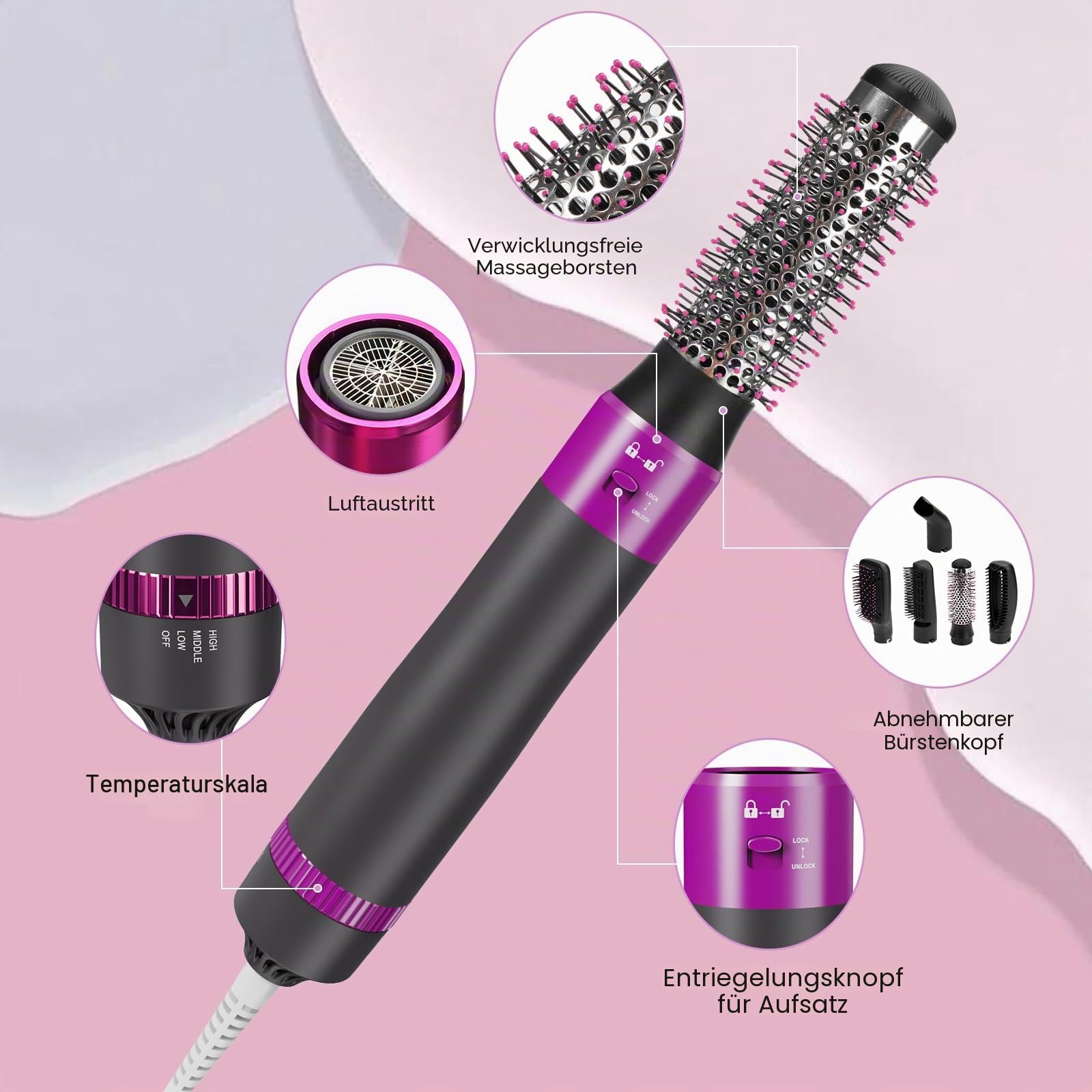 5-in-1 Warmluftbürste-Föhnbürste Set mit Negativerionen-Technologie - Warmluftbürste für Trocknen, Glätten, Locken und Styling - Austauschbare Volumizer-Bürste