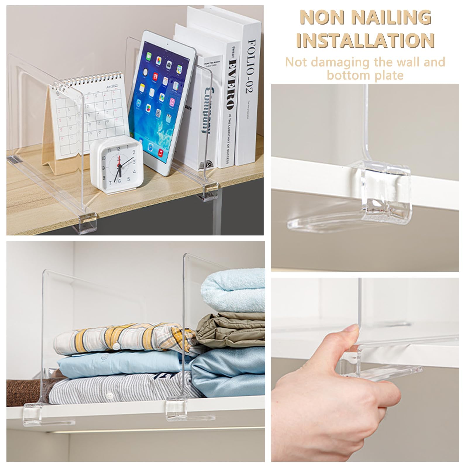 4 separadores de estantes acrílicos ajustables, transparentes para armario, cocina y estanterías, separadores de estantes ideales para una fácil instalación