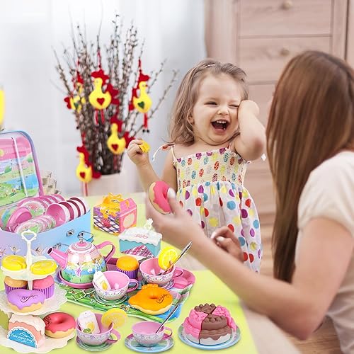 Miniatura 8 de PRE-WORLD - Juego de té para niñas pequeñas, 50 piezas de juguete de princesa para fiestas de té, incluye postre, galletas, dona, bandeja de tetera,