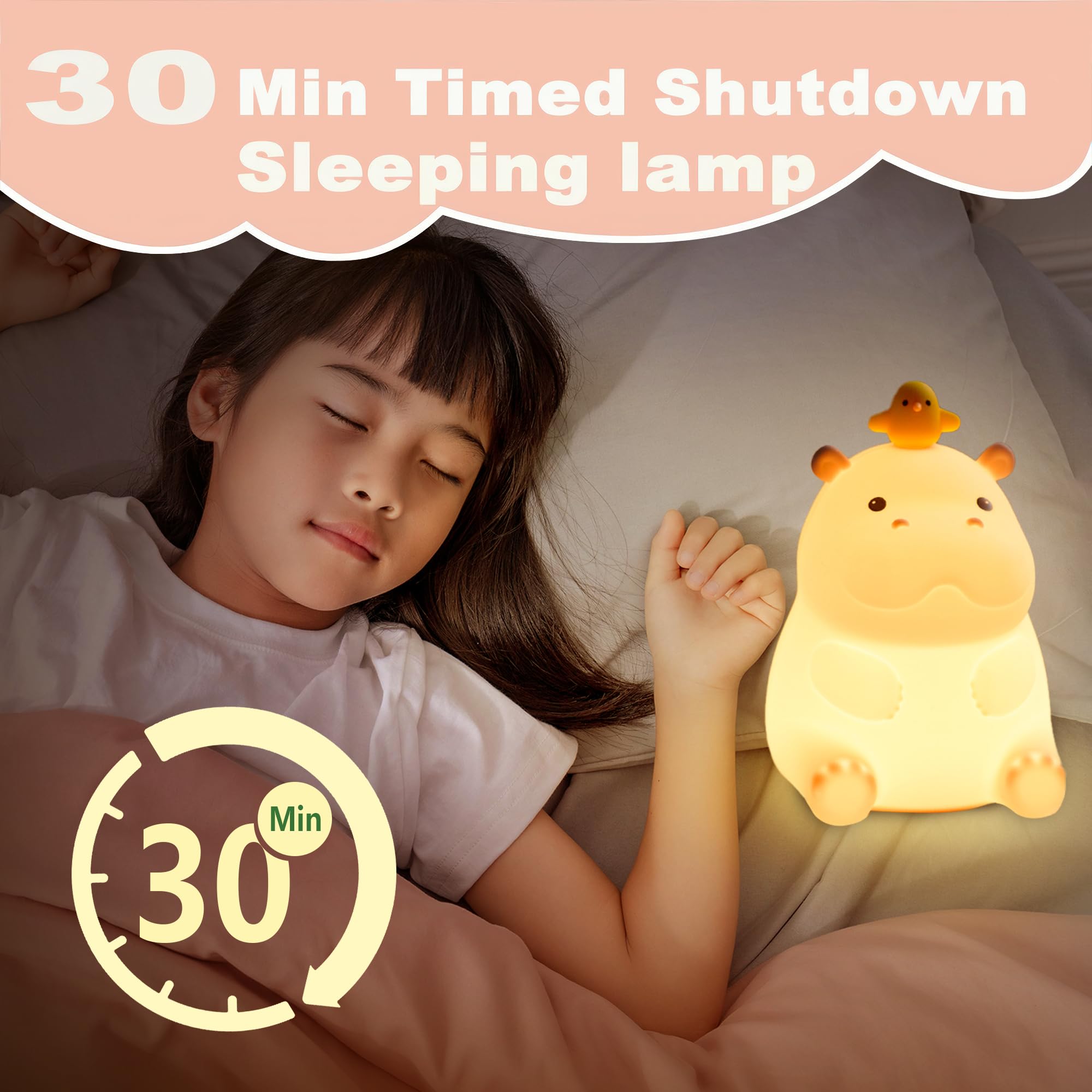BemeedLigt Hippo Night Light, Cute Silicone Squishy LED Lamp, Dimmable Nursery Nightlight, Rechargeable Bedside Table Lamp with Touch Sensor, Gifts for Bedrooms,Living Room,Breastfeeding