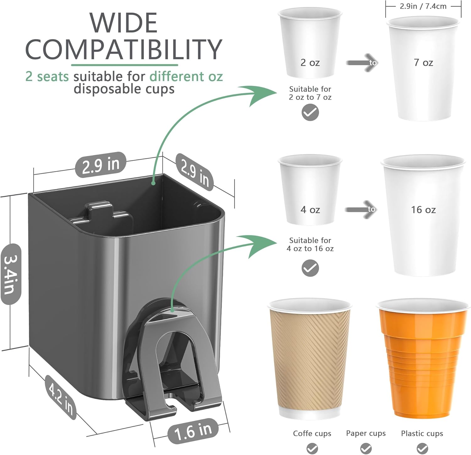 Cup Dispenser 2 Seats, Holder for 2-16 OZ Paper & Plastic Disposable Cups, Adhesive Cup Dispenser Wall Mount for Water Cooler, Coffee Station, Office, Bathroom, Wall (Dark Gray) image 2 of 7 B0DNDCLL7X