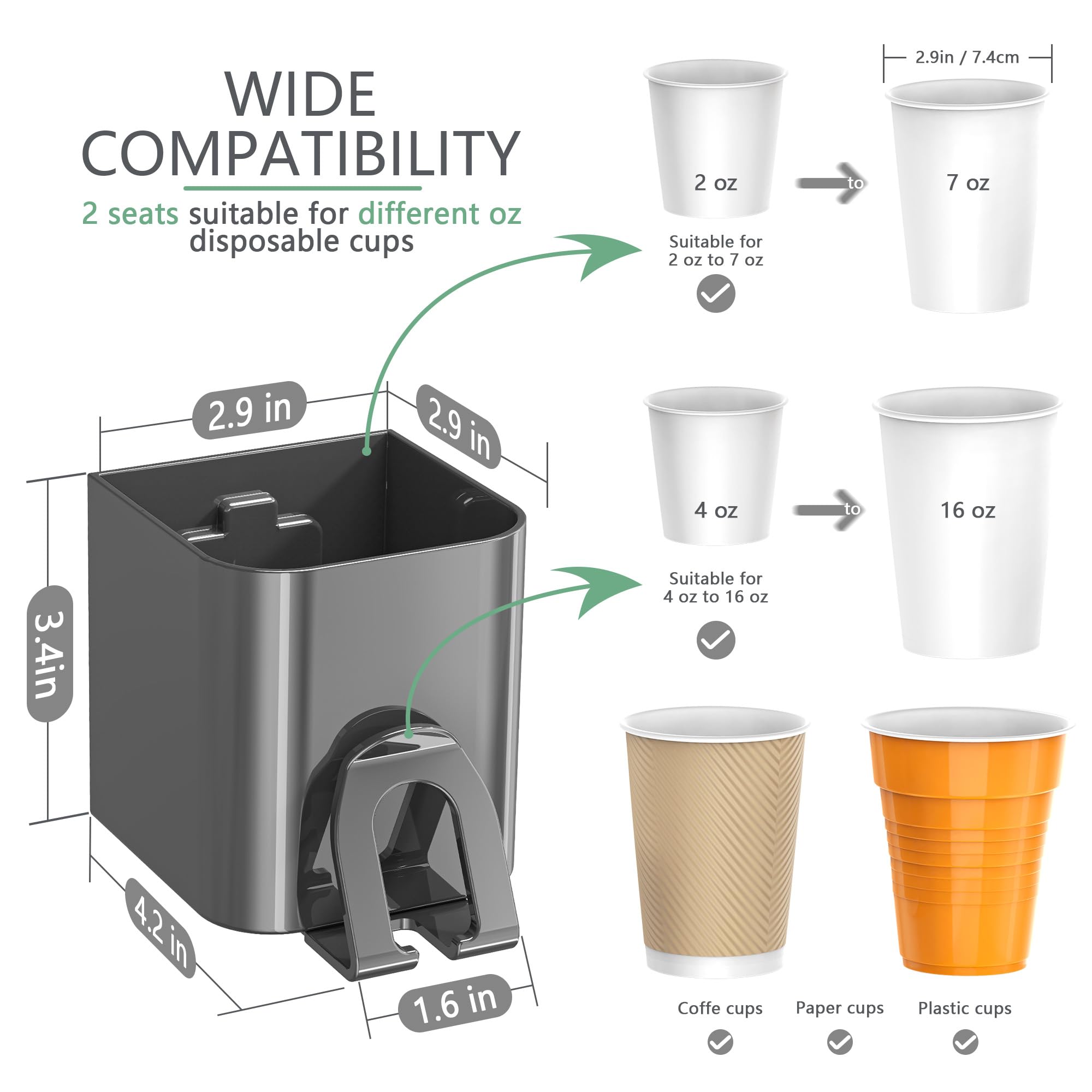 TOWARDFUN Cup Dispenser 2 Seats, Holder for 2-16 OZ Paper & Plastic Disposable Cups, Adhesive Cup Dispenser Wall Mount for Water Cooler, Coffee Station, Office, Bathroom, Wall (Dark Gray)