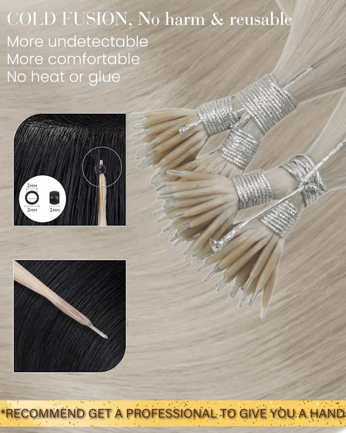 Hetto Nano Hair Extensions Real Human Hair Blonde - Invisible Nano Rings Hair Extension, Platinum Blonde Nano Beads Remy Hair Straight Fashion Styling for Party 50 strands 50 g 14 Inch #60 - 2