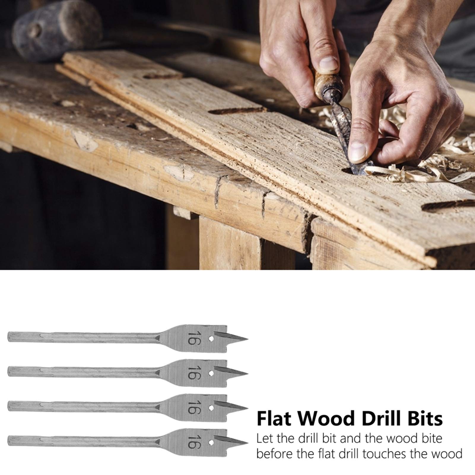 Spade Drill Bits 4Pcs Paddle Flat Bits Wood Drill Bits, 16mm Spade Drill Bit Set Hole Opener High Carbon Steel DIY