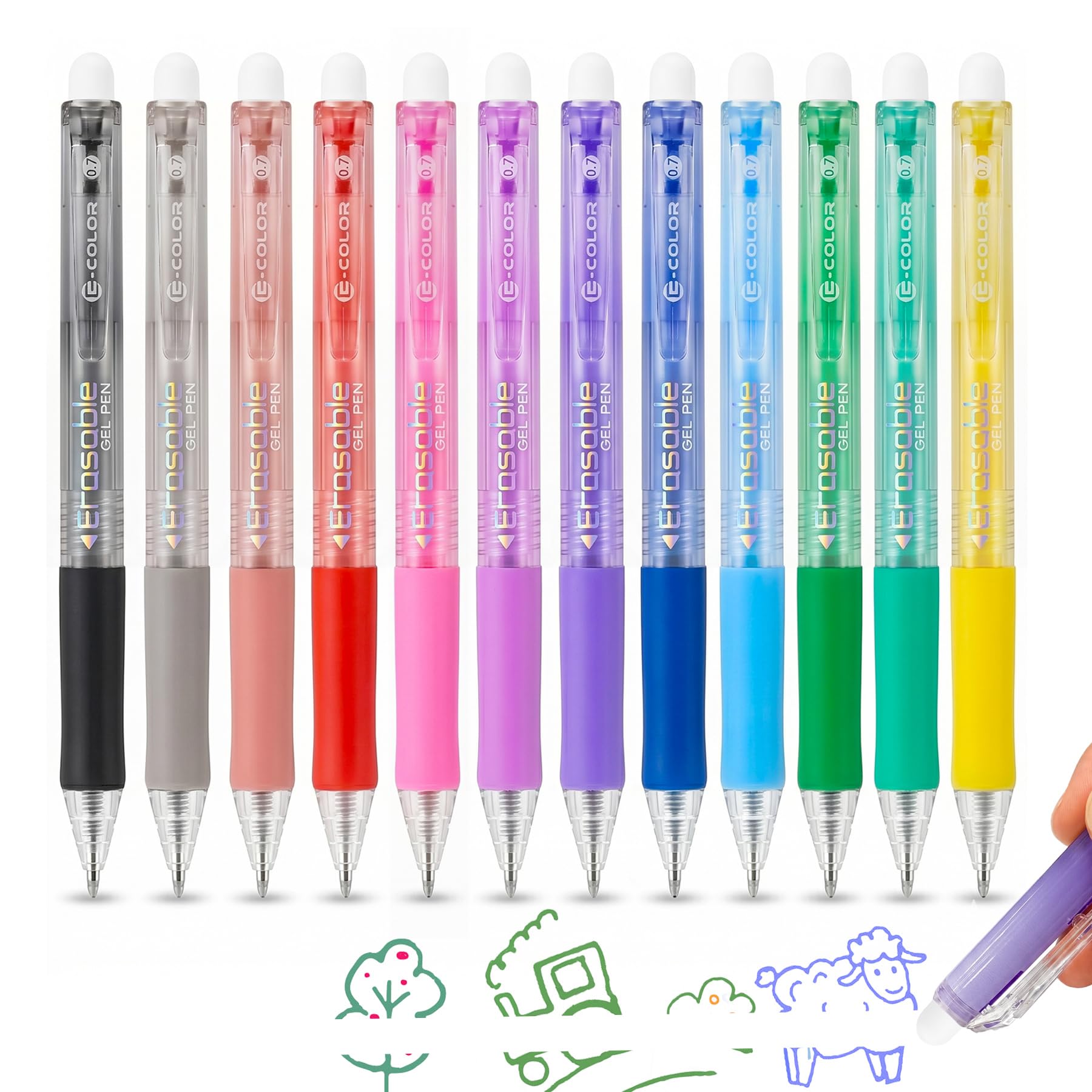 12 Colores Bolígrafos Borrable Punta 0,7 mm,Bolígrafo Borrable de Gel con Goma Tinta Termosensible,Retráctiles Roller de Tinta para Apuntes,Diario,Oficina,Colegio