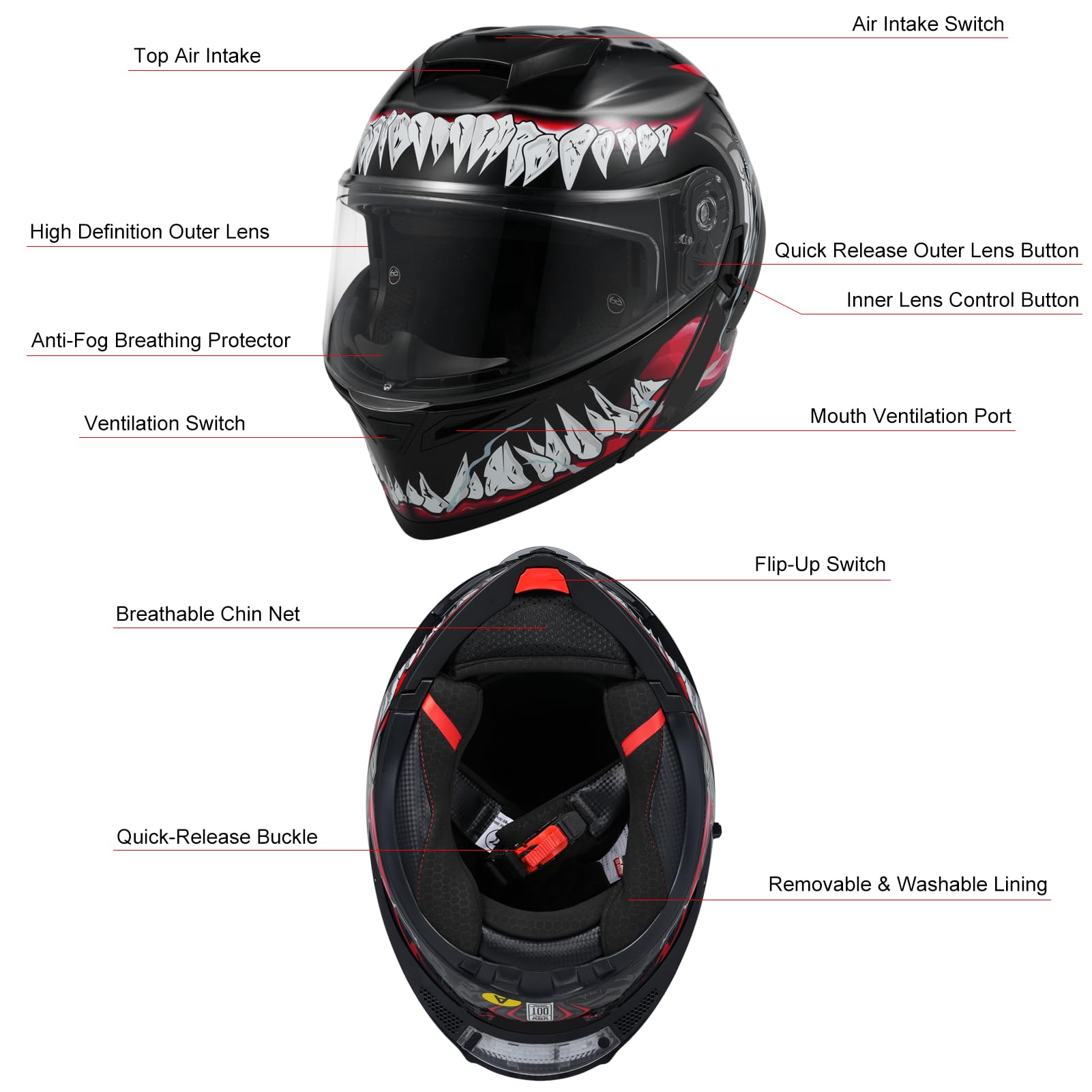 Motorradhelm, Leichter, hochklappbarer modularer Integralhelm, Klapphelm mit Doppelvisier und wiederaufladbarem LED-Rücklicht Klapphelm für Erwachsene, Männer und Frauen-L