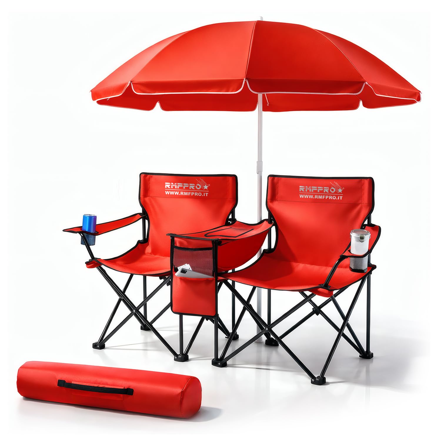 RMF PRO Set con Ombrellone e 2 Sedie da Esterno ideale per Mare o Campeggio, con Borsa Termica Centrale e Portabevende - Ideale anche per Pesca, Struttura in Acciaio con Custodia per Trasporto (Rosso)