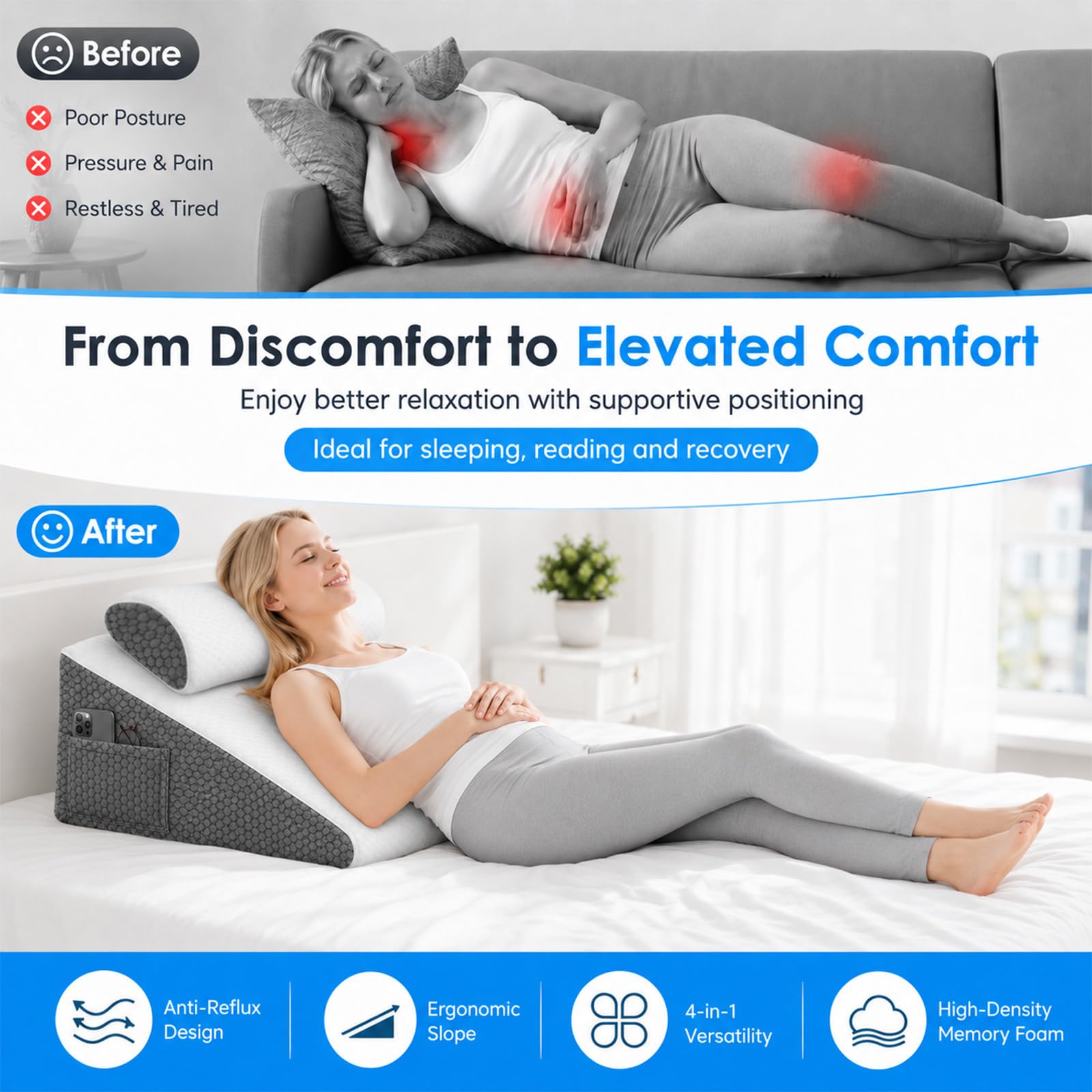 Oreiller de lit en Forme de Coin en Mousse à mémoire de Forme | Coussin triangulaire d'inclinaison avec housse lavable - Coussin de soutien pour les jambes pour le cou, le dos, le sommeil