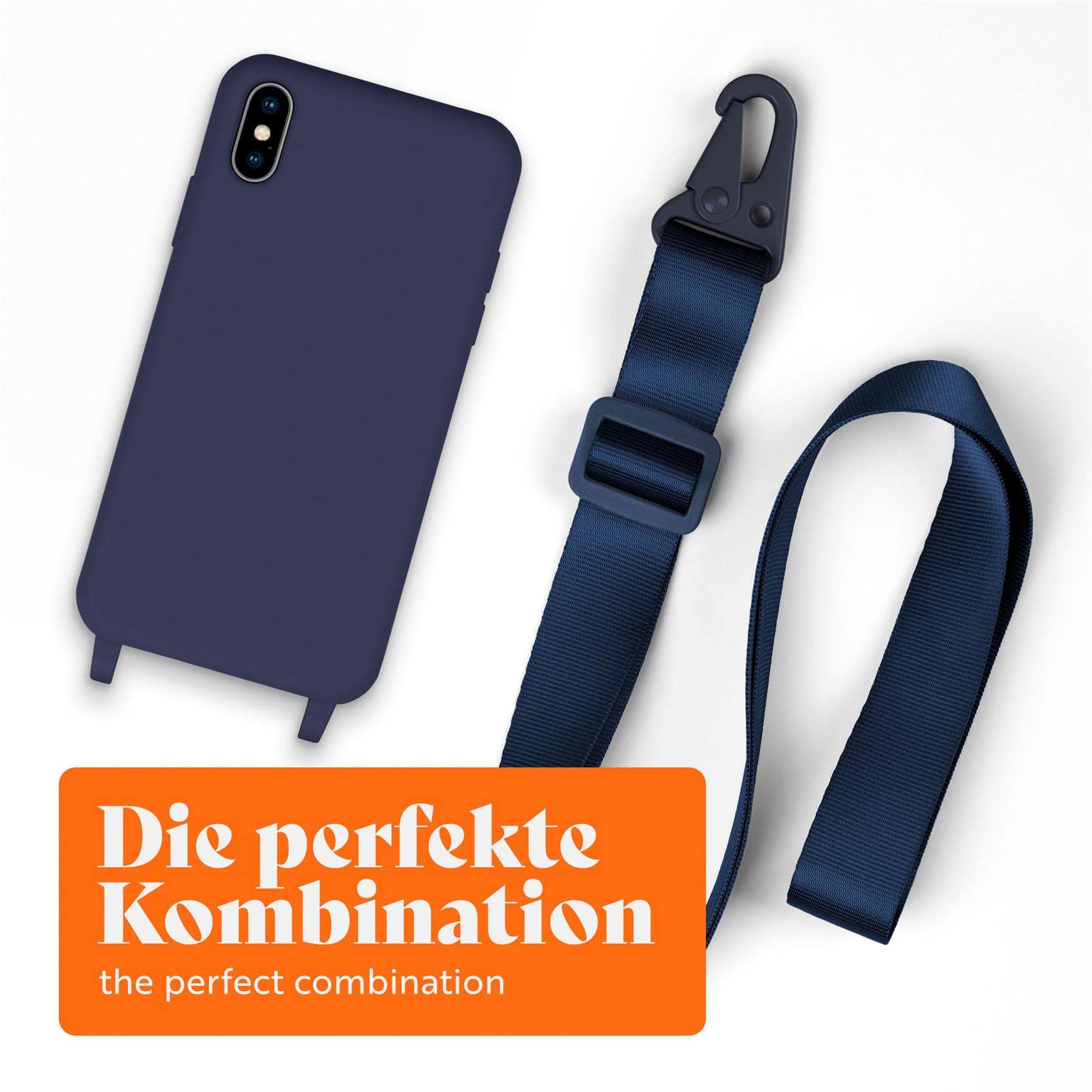moex Hover Cover łańcuszek na telefon komórkowy Apple iPhone X/iPhone XS z szeroką taśmą, etui z paskiem do zawieszenia, zdejmowany nylonowy łańcuszek z karabińczykiem, stylowy i bardzo wytrzymały – granatowy