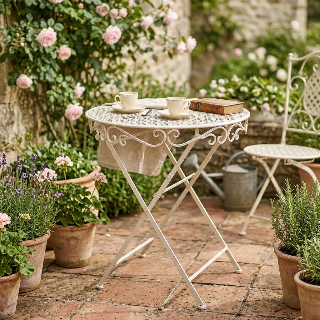 DiKasa Tavolo da Giardino Rotondo Pieghevole in ferro bianco - Tavolino da esterno in metallo verniciato a polvere stile shabby chic, salvaspazio per balcone, terrazzo, veranda o giardino, Ø70x76 cm