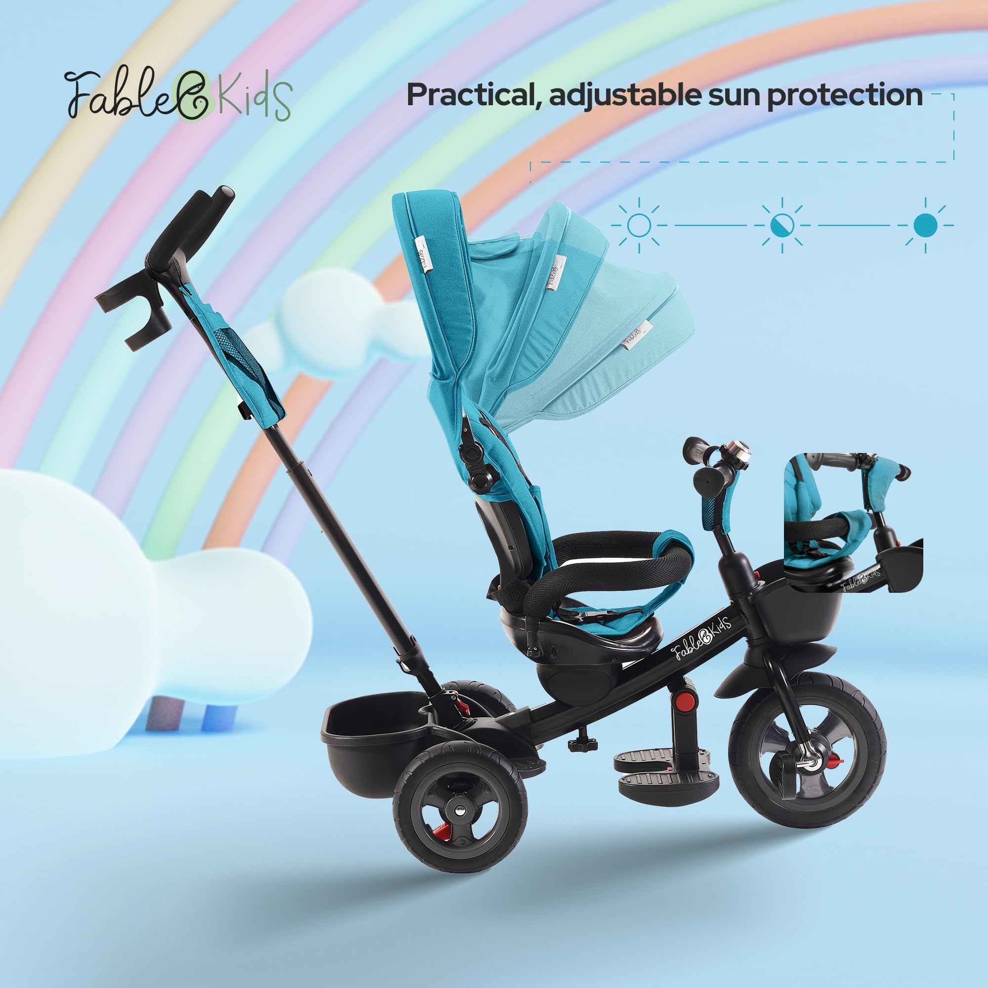 FableKids Noemi Rowerek trójkołowy 5w1 z drążkiem od 18 miesięcy do 25 kg | do przodu i do tyłu | opona PU | przestronny wolnobieg | kosz | torba | uchwyt na kubek | Turkusowy