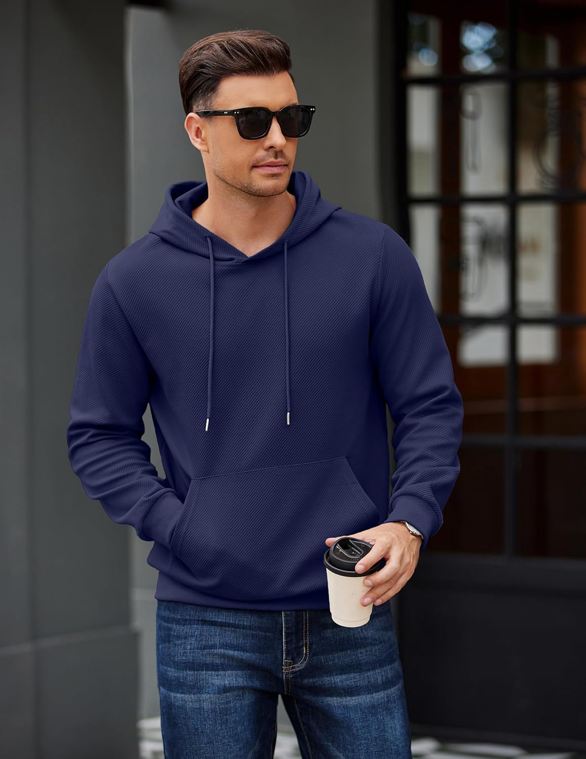 COOFANDY Men's Long Sleeve Hooded Sweatshirt Casual Lightweight Hoodies Pullover Textured Drawstring Hoodie with Kanga Pocket - Image 2
