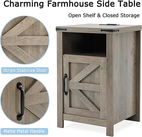 Miniatura 6 de Juego de 2 mesitas de noche de granja color gris, mesa auxiliar rústica con puerta de granero y estante, mesita de noche con estación de carga para