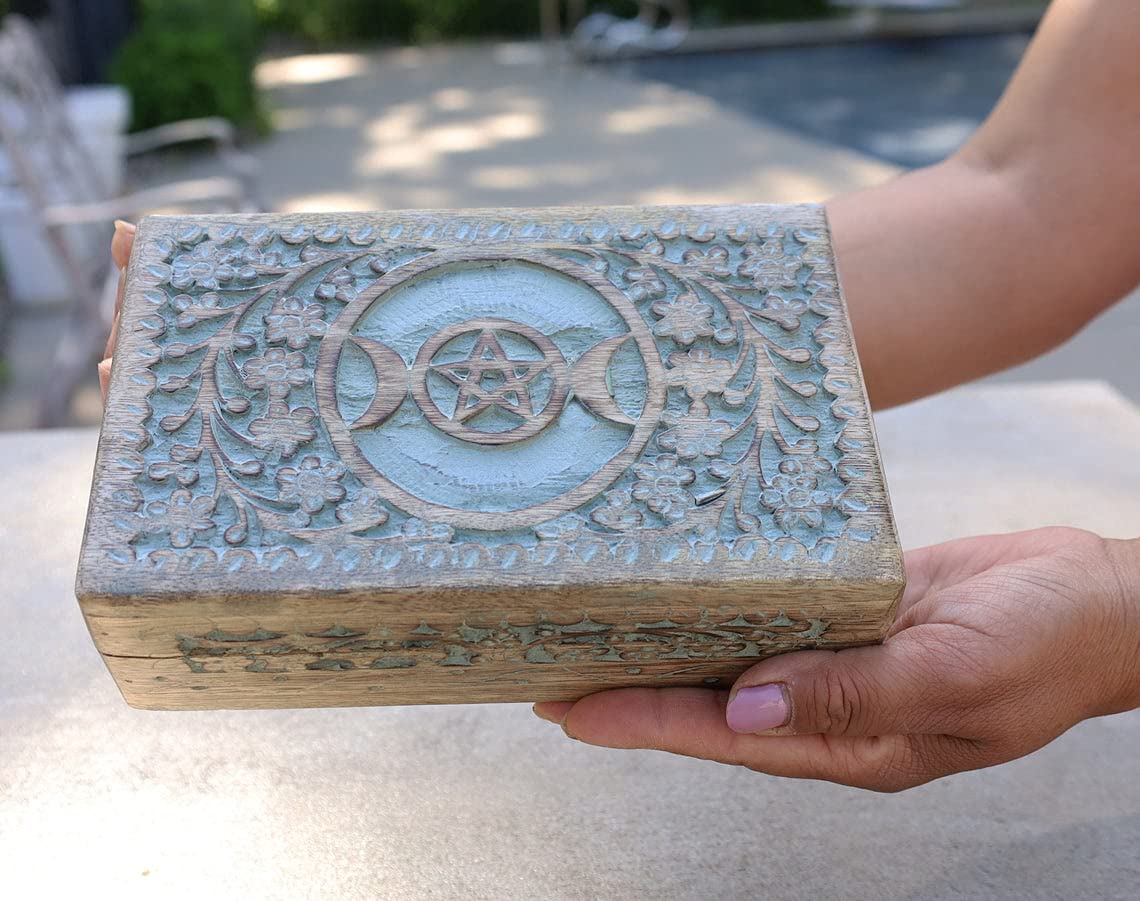 DharmaObjectsTriple Moon Hand Carved Jewelry Trinket Keepsake Wooden Storage Box (Turquoise, Large)