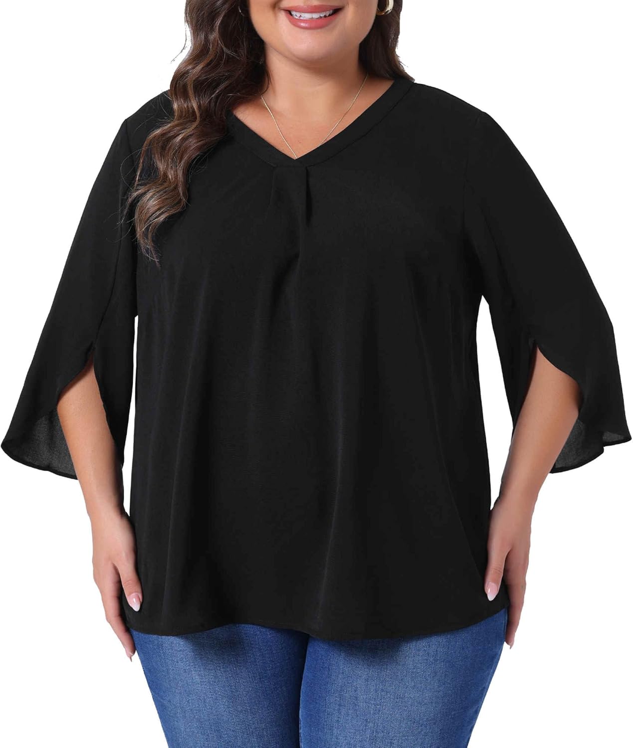 Agnes Orinda Plus Size Spring Tops for Women 3/4 Sleeve V Neck Chiffon Work Dressy Casual Shirt - Image 2