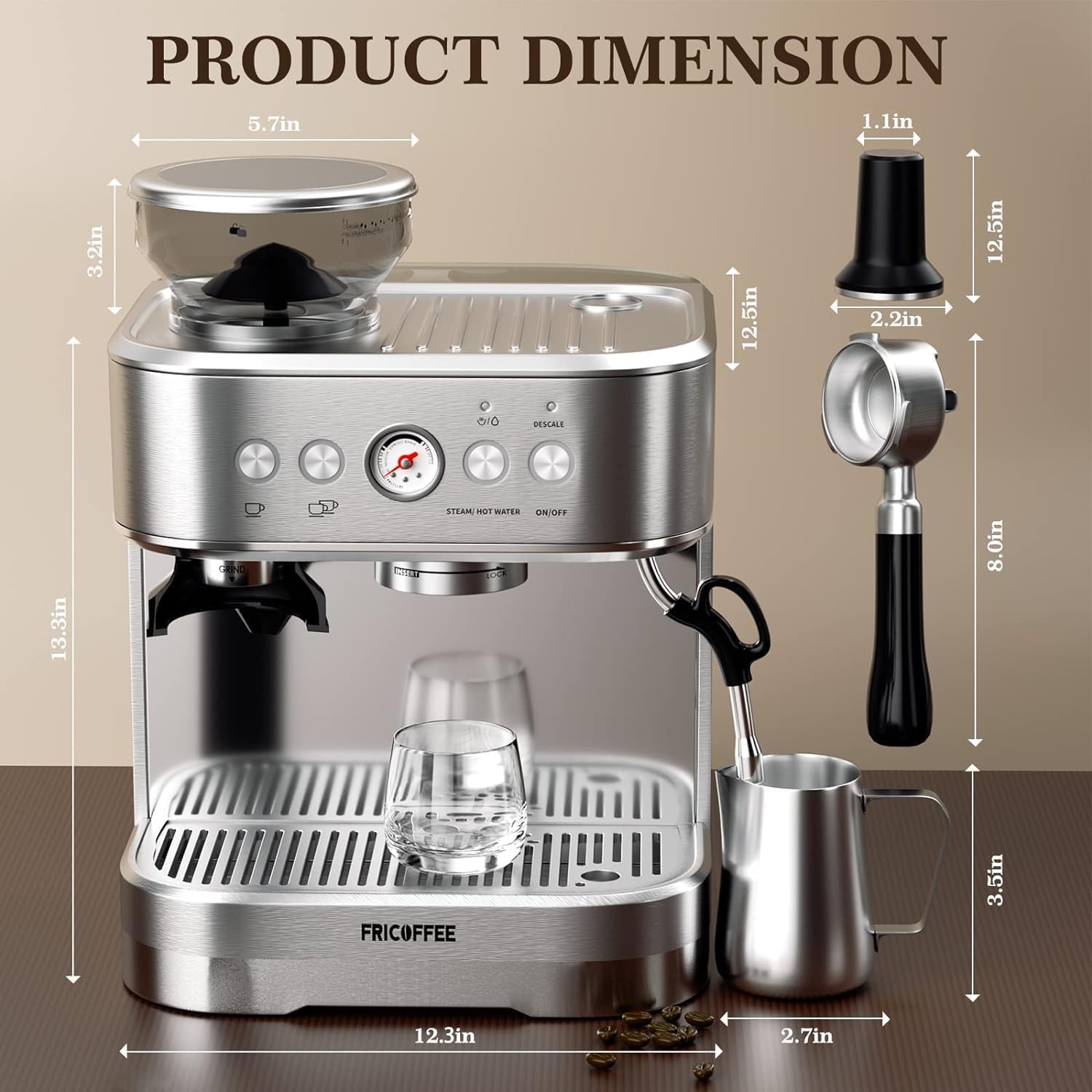 Product dimensions of the WantJoin Espresso Machine