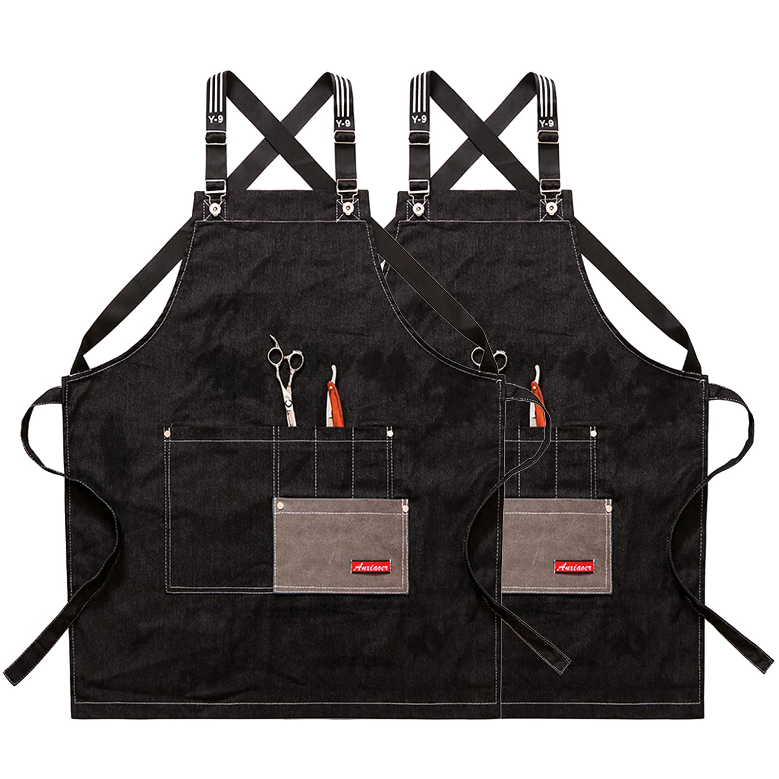 Denim Apron with Pockets for Men Women - Adjustable Strap - Apron for Friends Families,2 pack black,Large
