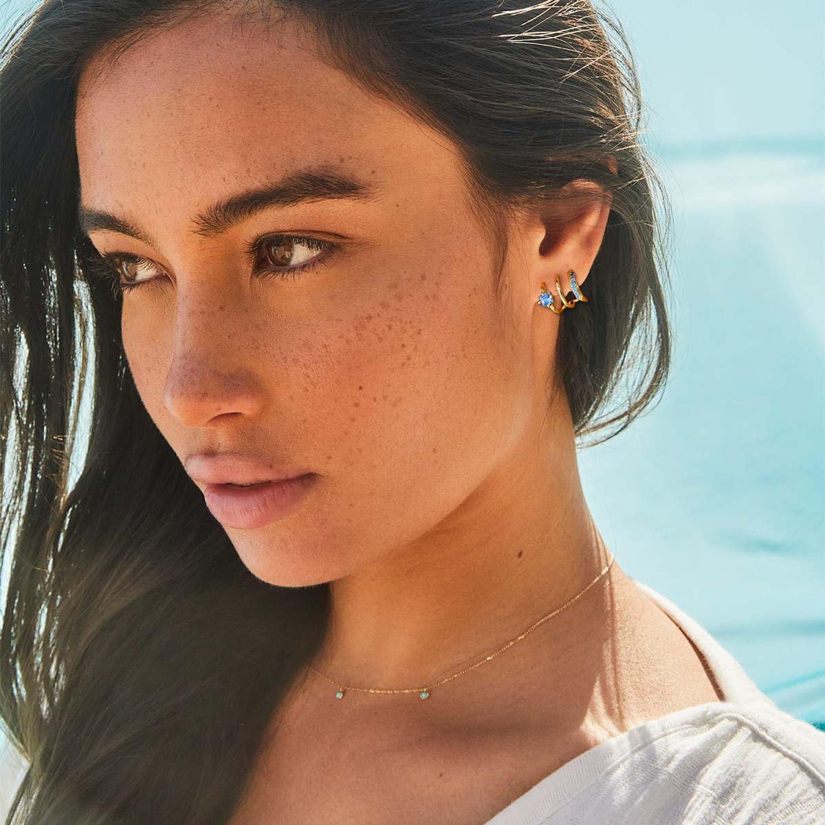 Triple Huggie Illusion Stud Earrings 14K Gold Open Hoop Birthstone Earrings with Cubic Zirconia Dainty Minimalist Huggie Claw Wrap Ear Cuffs Earrings for Women - Image 6