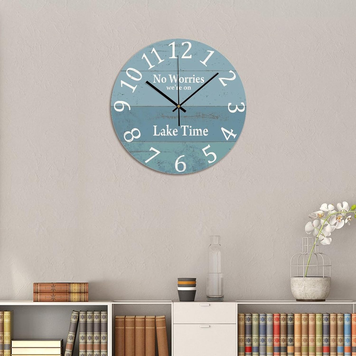 No Worries We are on Lake Time Round Wall Clock PVC Clock Silent Non Ticking Battery Operated Easy to Read for Student Office School Home Decorative Clock Art 15"