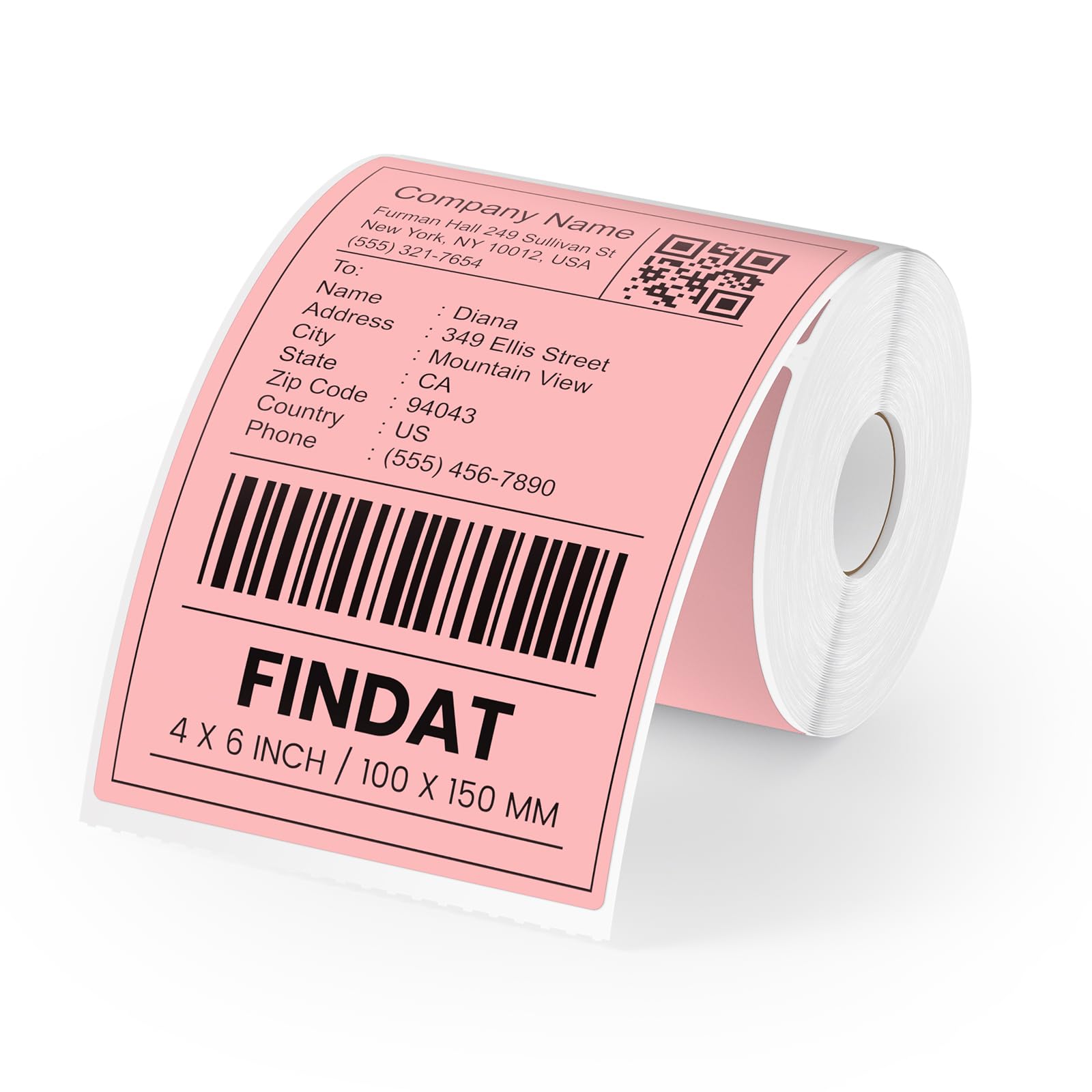 FINDAT 4''× 6'' Thermal Labels Pink Vinyl Direct Printer Shipping Label Roll Rectangle Waterproof Self-Adhesive Perforated Address Mailing Stickers