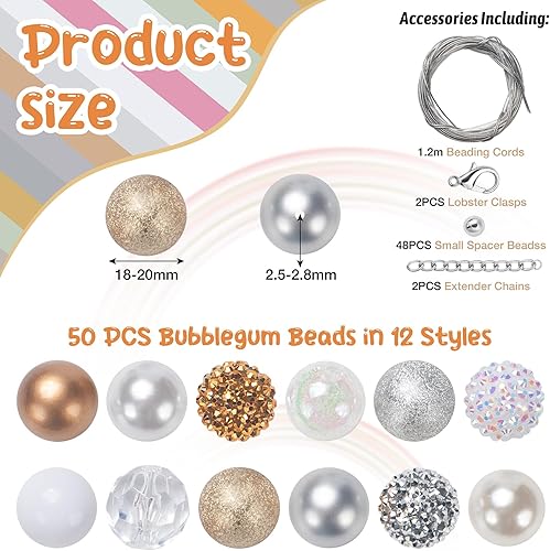 Miniatura 9 de 50 cuentas de goma de mascar de 0.787 pulgadas (0.787 in), cuentas de bolígrafo de colores, cuentas de chicle coloridas a granel, cuentas grandes de